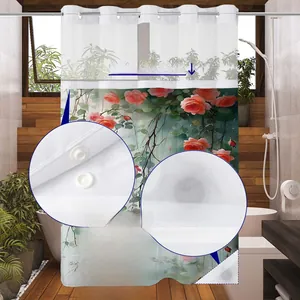 Detail of waterproof rose floral shower curtain with snap-in liner and viewing window