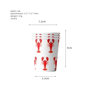 Detailed view of 10 disposable paper cups with red lobster print and size measurements
