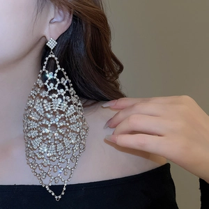 Macro shot of silver diamond-encrusted mesh earrings on model with a long fringe detail