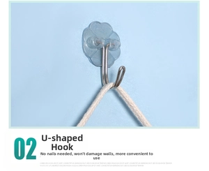 Detail of U-shaped adhesive wall hook with stainless steel head on floral base