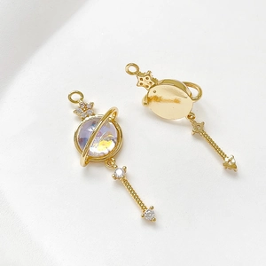 Detailed front and back view of 14k gold-filled cat-eye planet pendant with zircons