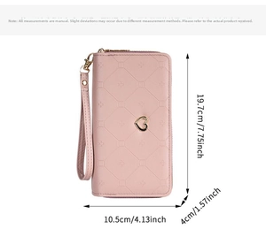 Pink quilted faux leather long wallet dimensions with gold heart and wrist strap