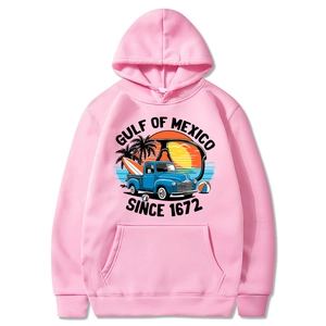 Pink Gulf of Mexico 1672 beach hoodie with vintage truck and palm tree print design