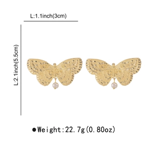 Detailed size chart for vintage butterfly earrings with gold finish and white pearls