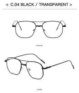 Front and 45-degree side views of black metal double-bridge glasses with transparent lenses