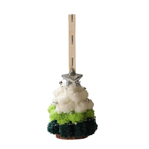 Handmade plush Christmas tree decor with wooden base and silver star topper in green and white