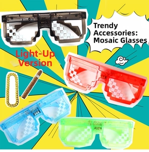 Close-up of four luminous pixel mosaic glasses in black red blue and green colors