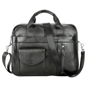 Men's black cowhide leather business briefcase with shoulder strap and multiple pockets
