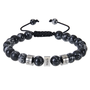 Customized stainless steel name beads on adjustable black braided snowflake stone bracelet