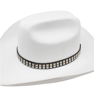 White wool felt cowboy hat with wide brim and black studded leather band accessory
