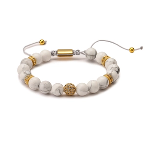 Adjustable natural agate stone bead bracelet with gold pavé zircon ball and marble texture