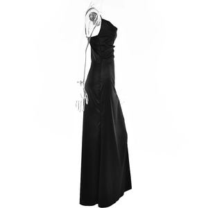 Detail of elegant black backless evening dress showing side pleats and drape on mannequin