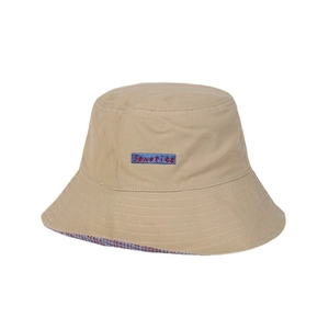 Khaki cotton bucket hat for women with blue brand patch and red checkered lining detail