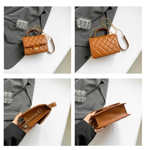 Detailed views of a brown quilted crossbody bag with gold chain strap and metal lock