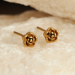 Elegant gold rose stud earrings crafted in stainless steel with a matte textured finish