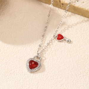 S925 sterling silver heart lock necklace with red garnet stone and key charm pendant
