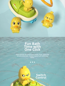 Detail of baby bath toy motorboat with yellow duck spraying water and cycling pump