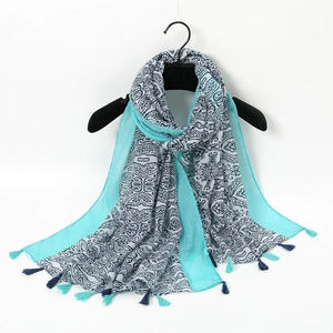 Ink butterfly print shawl with blue tassels, soft cotton feel winter scarf for women