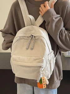 Fashion Corduroy Backpack Small Casual Daypack Student School Bag For Women With Cute Crochet Fruit Persimmon Charm