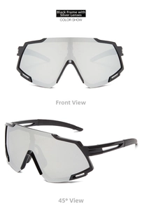 Detail of sports cycling sunglasses featuring black frame and silver mercury lenses