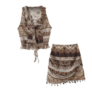 Women Sleeveless V Neck Ruffle Tie Up Top And Mini Skirt Bohemian Tie Dye Vacation Summer Outfit With Metal Tassels
