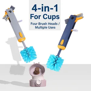 Multi-functional 4-in-1 cup cleaning brush with long handle and sponge nylon bristles