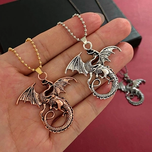 Gothic dragon pendant necklace set in vintage bronze and silver tones for women