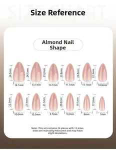Size chart for nude almond press-on nails including 12 sizes and 24 pieces set guide