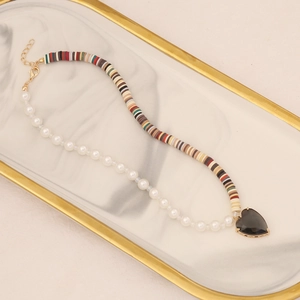 Bohemian mixed pearl and colorful clay bead necklace with a black heart pendant