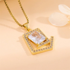 Elegant 18K gold titanium necklace with a geometric square crystal pendant and zircon stones