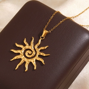 Sun Pendant Necklace Stainless Steel Gold Plated Spiral Hammered Texture Bohemian Vintage Jewelry For Women