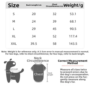 Detailed size chart for Christmas pet sweaters showing chest and back length measurements