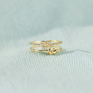 925 Sterling Silver Gold Plated Double Layer Heart Knot Open Ring With Pavé Cubic Zirconia Adjustable Fashion For Women