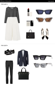 Flat Lay der Retro-Cat-Eye-Sonnenbrille mit Luxusmode-Outfit für Damen und Herren