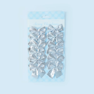 Set of 12 silver metallic Christmas bows on card packaging for tree or wreath decor