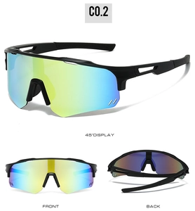 Detailed multi-angle view of oversized cycling sunglasses with colorful iridescent lenses