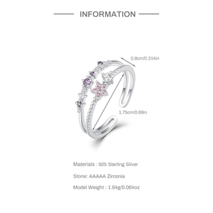 Detail showing S925 silver adjustable ring dimensions with pink and purple zircons