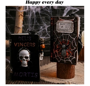 Macro detail of LED resin Halloween books featuring 3D skull and giant spider decoration