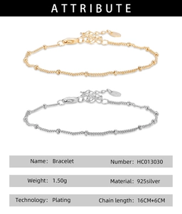 Detail showing 925 silver beaded bracelet specifications with gold and silver options