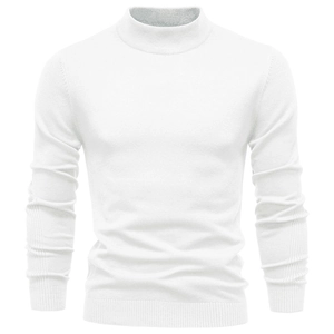Close-up of white slim fit men's turtleneck sweater showing ribbed knit cuff details