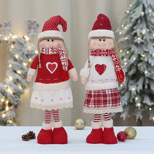 Christmas Knitted Plush Long Leg Girl Doll Ornaments Red White Heart Pattern Plaid Skirt Handmade Festive Home Table Decoration