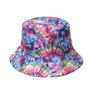 Colorful tie-dye bucket hat with vibrant spiral swirl pattern and double-sided wear design
