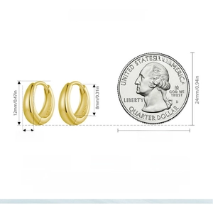 Size chart for 12mm S925 silver hoop earrings with a coin for scale comparison