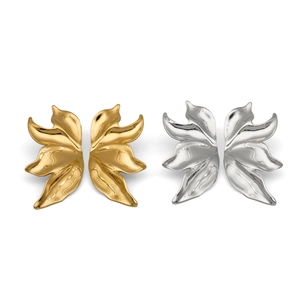 Minimalist 316 stainless steel leaf earrings in gold and silver finish on white background