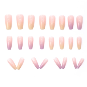 24-piece gradient macaron ballet nails in soft pink and yellow trapezoid coffin shape