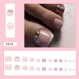 French glitter pink foot press-on nails with rhinestone and shimmer accents