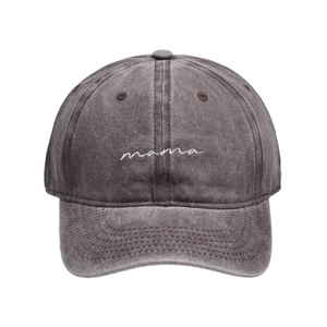 Close-up of white embroidered mama script on charcoal grey washed cotton baseball cap