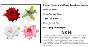 Detail view showing the 2-in-1 fabric flower pin and clip design with metal backing