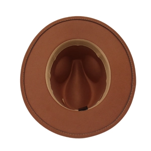Detailed top view of brown wool fedora hat showing inner sweatband and stitching