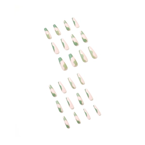 24pcs French wave coffin false nails in green and pink with gold line details